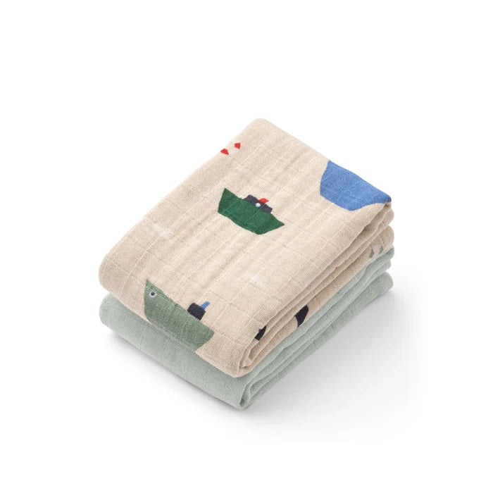 Liewood Lewis hydrofiele doeken 2-pack in Sailing en Dove Blue Mix, te koop bij De Gele Flamingo.