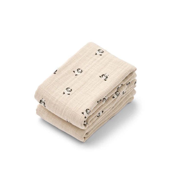 Liewood Lewis hydrofiele doeken 2-pack in Mini Panda en Sandy Mix, te koop bij De Gele Flamingo.