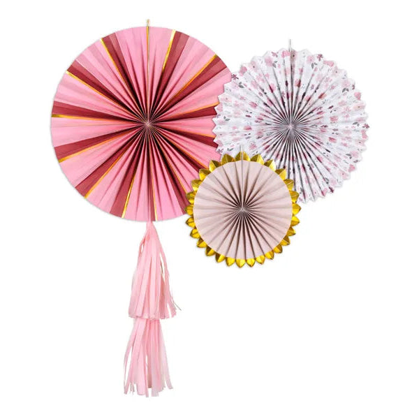 Party Deco papieren waaiers rozetten met bloemen, set van 3 in 26, 35 en 43 cm, bij De Gele Flamingo