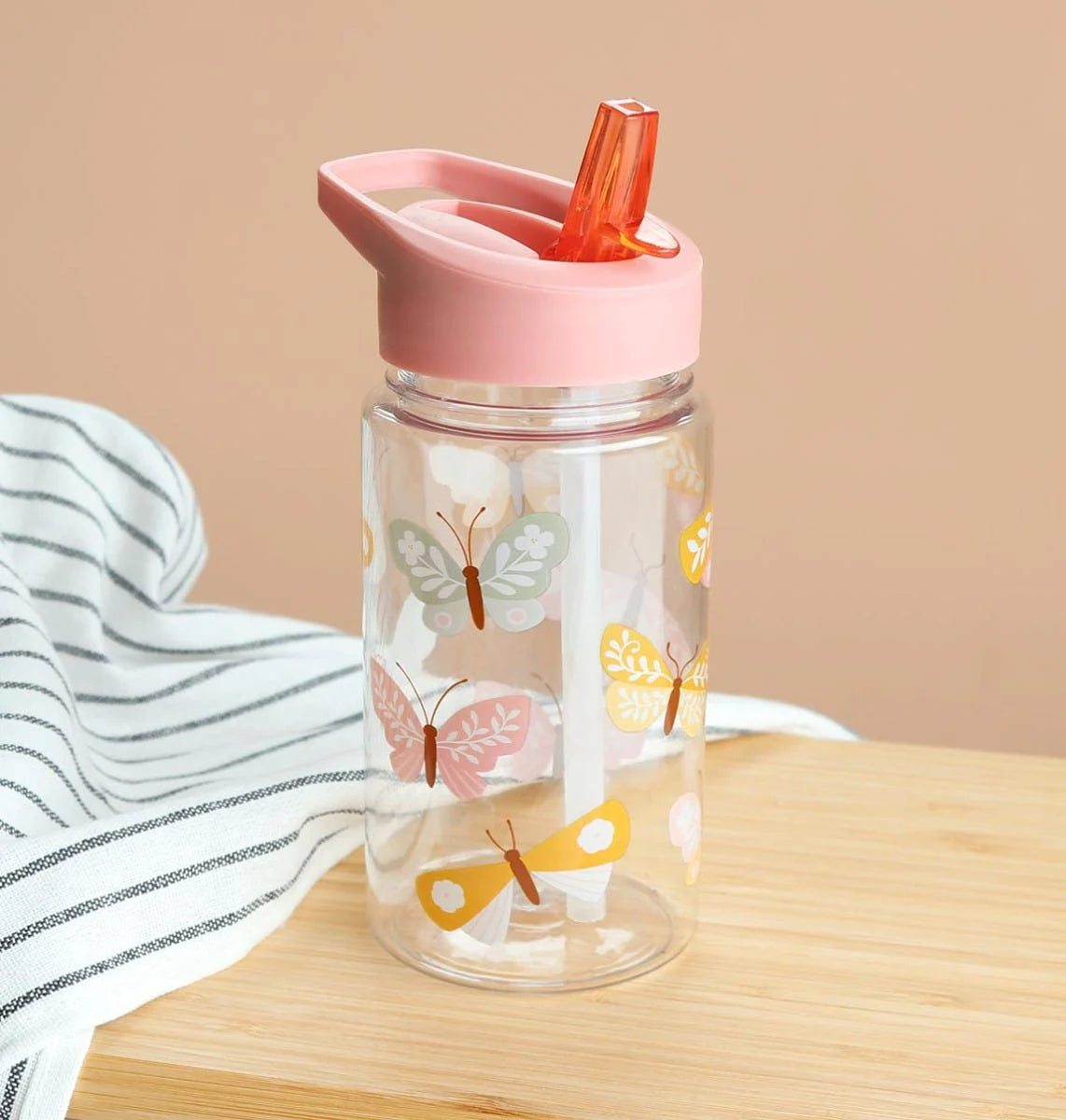 A Little Lovely Company drinkfles met Vlinders-print in roze, vooraanzicht