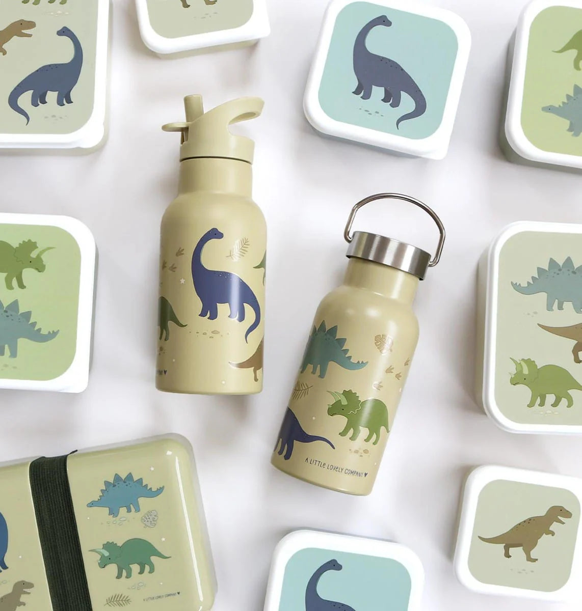 A Little Lovely Company RVS Drinkfles 350 ml met Dinosaurussen-print, vooraanzicht