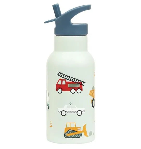 A Little Lovely Company RVS drinkfles 350 ml met Voertuigen-print in groenblauw, vooraanzicht