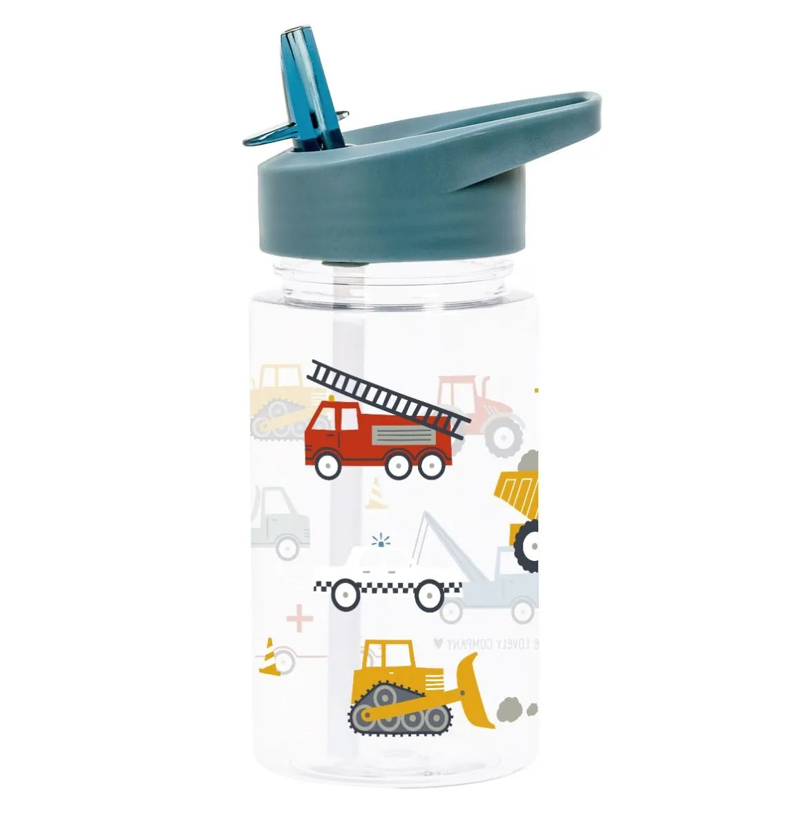 A Little Lovely Company drinkfles met Voertuigen-print in blauw, vooraanzicht