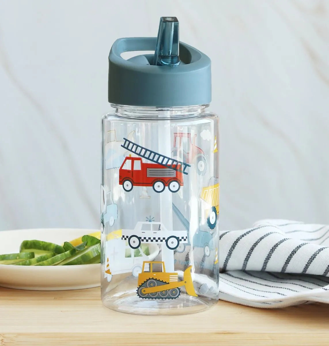 A Little Lovely Company drinkfles met Voertuigen-print in blauw, vooraanzicht