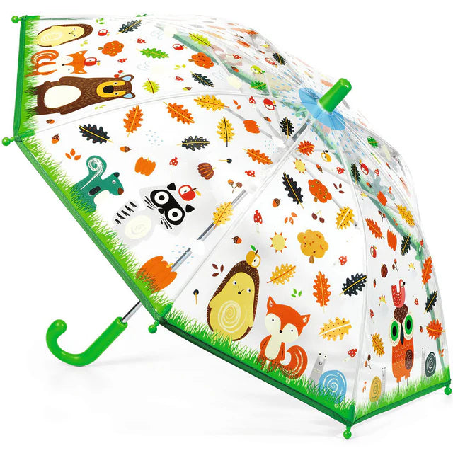 Djeco kleine kinderparaplu Forest Friends met transparant scherm van 55 cm, bij De Gele Flamingo.