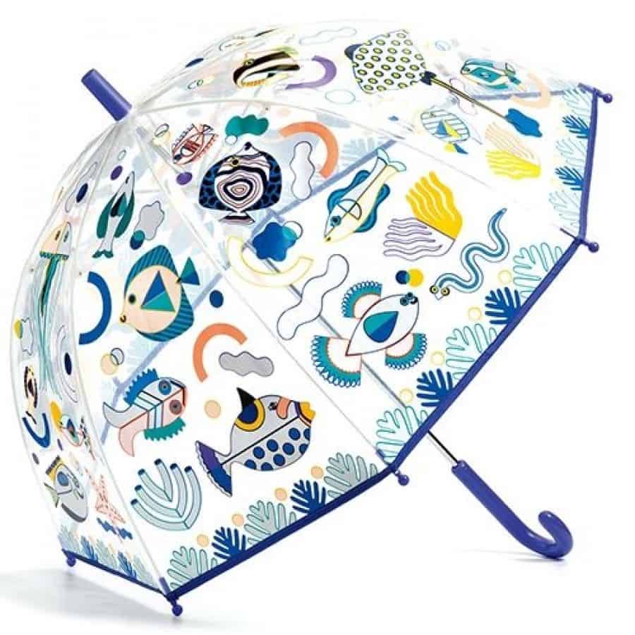 Djeco medium paraplu Visjes met doorzichtig scherm en drukknop in de handgreep, bij De Gele Flamingo.