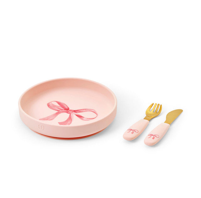 Elodie Details Silicone Sticky Bord Set Rosy Bow met antislip zuignap, verkrijgbaar bij De Gele Flamingo.
