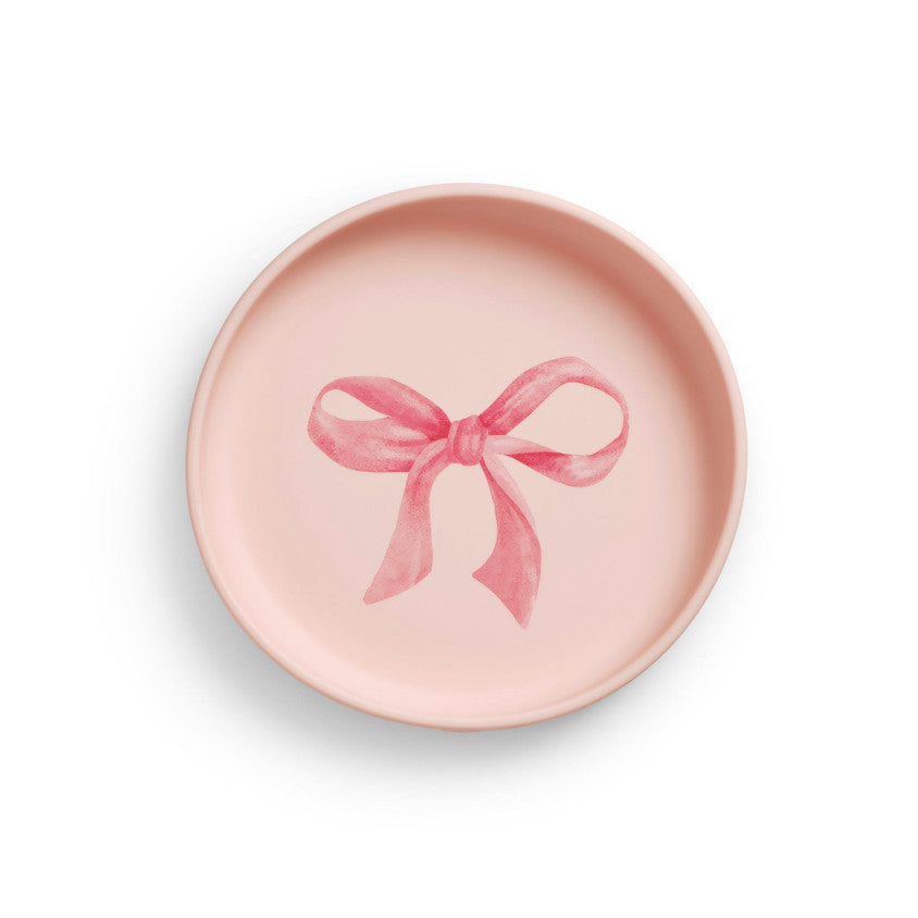 Elodie Details Rosy Bow bordje met zachte siliconen randjes dat zelfstandig leren eten stimuleert, bij De Gele Flamingo.