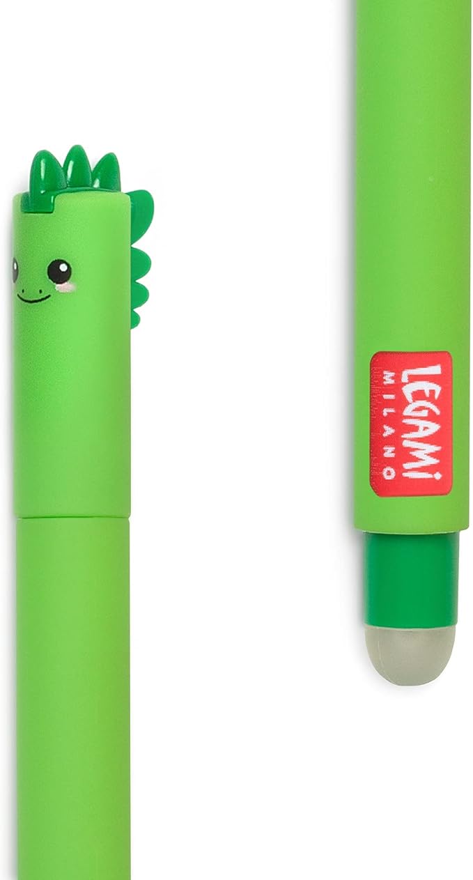 Legami uitwisbare gelpen Dino in groene inkt met wisbolletje achteraan de pen, handig voor school