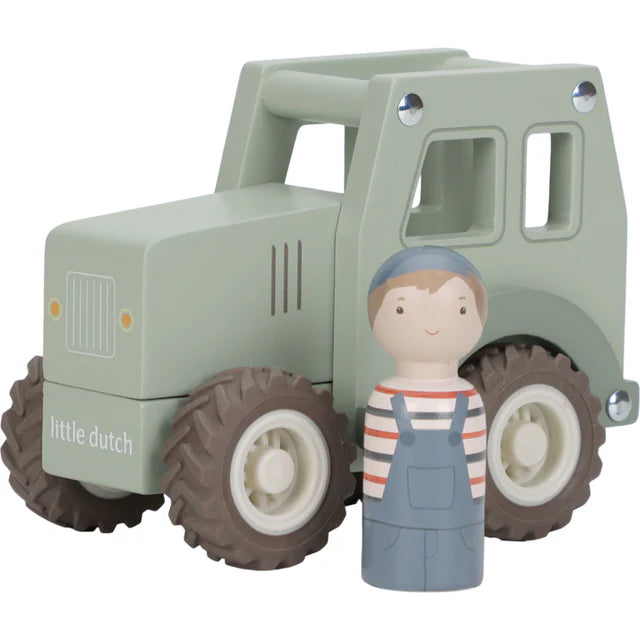Little Dutch houten tractor in groen met houten details, te koop bij De Gele Flamingo