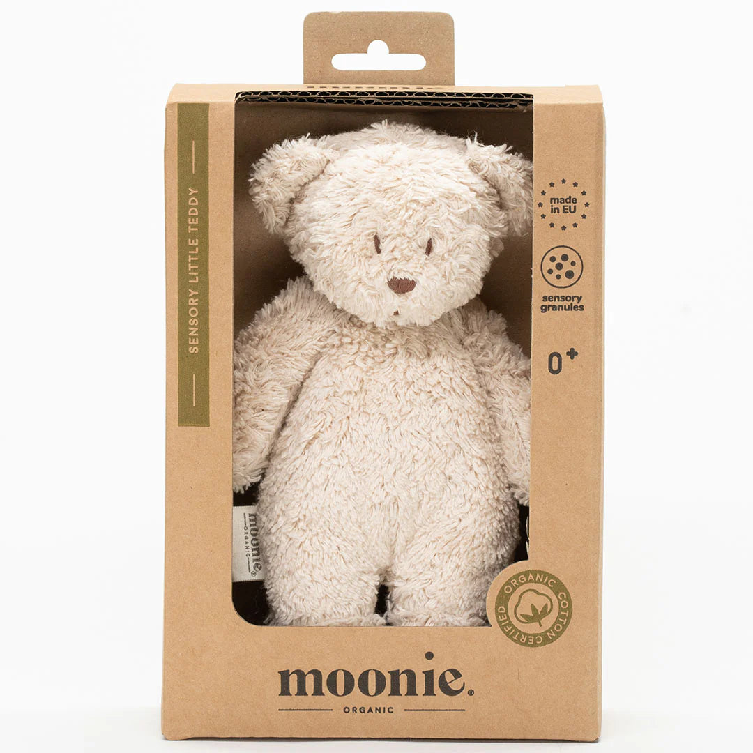 Moonie Sensory Little Teddy Bear in Sand, zachte mini knuffel bij De Gele Flamingo.
