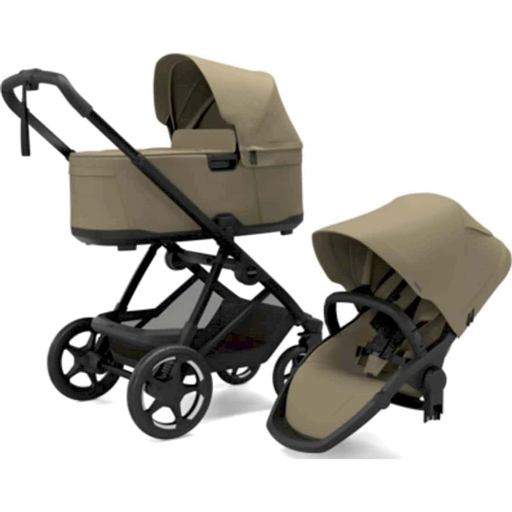Thule Charm 2-in-1 kinderwagen in Faded Khaki met reiswieg en zitje, De Gele Flamingo