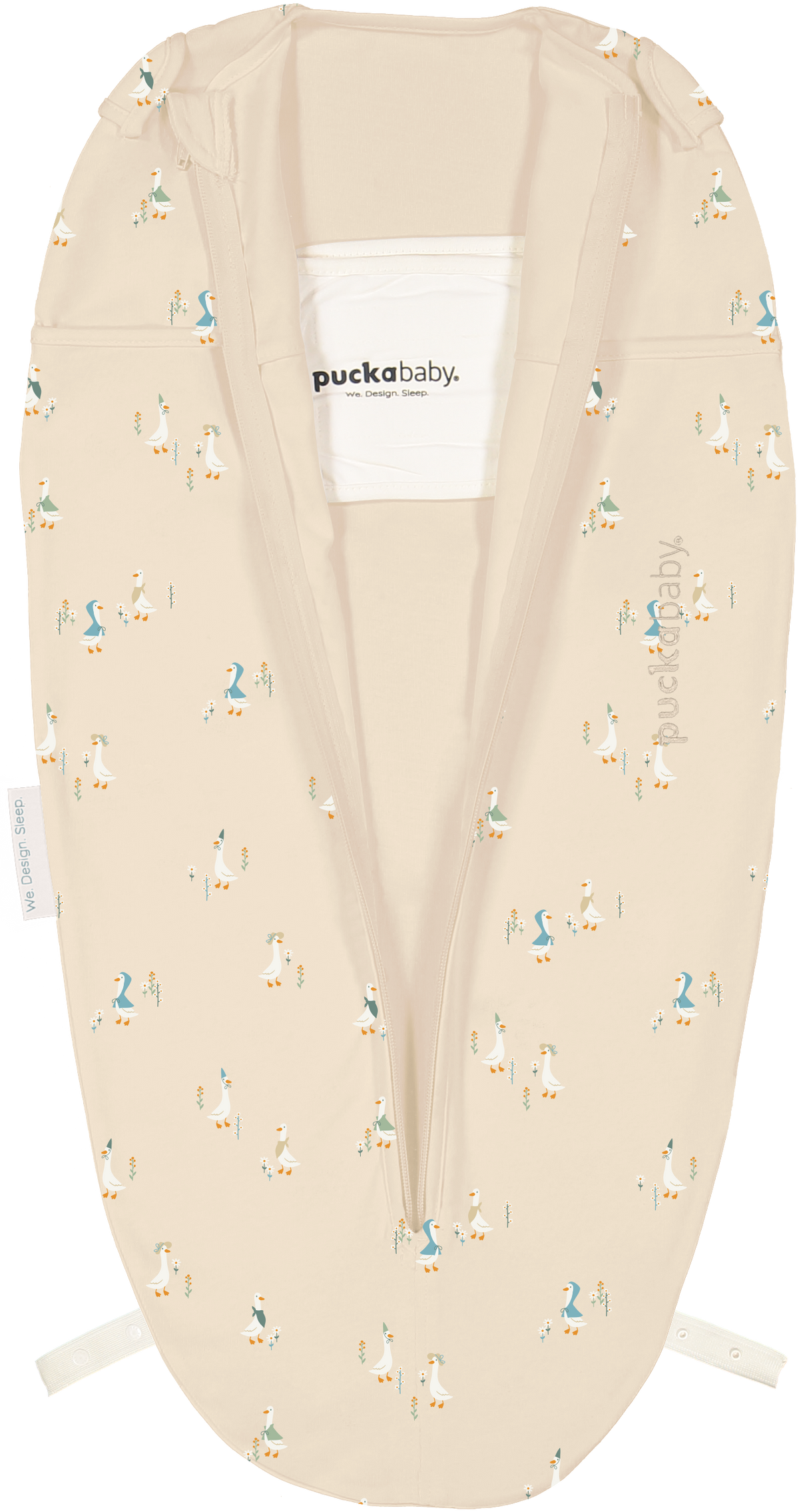 Puckababy The Original Mini in katoen met Geese print, verstelbaar van 62 tot 74 cm, De Gele Flamingo