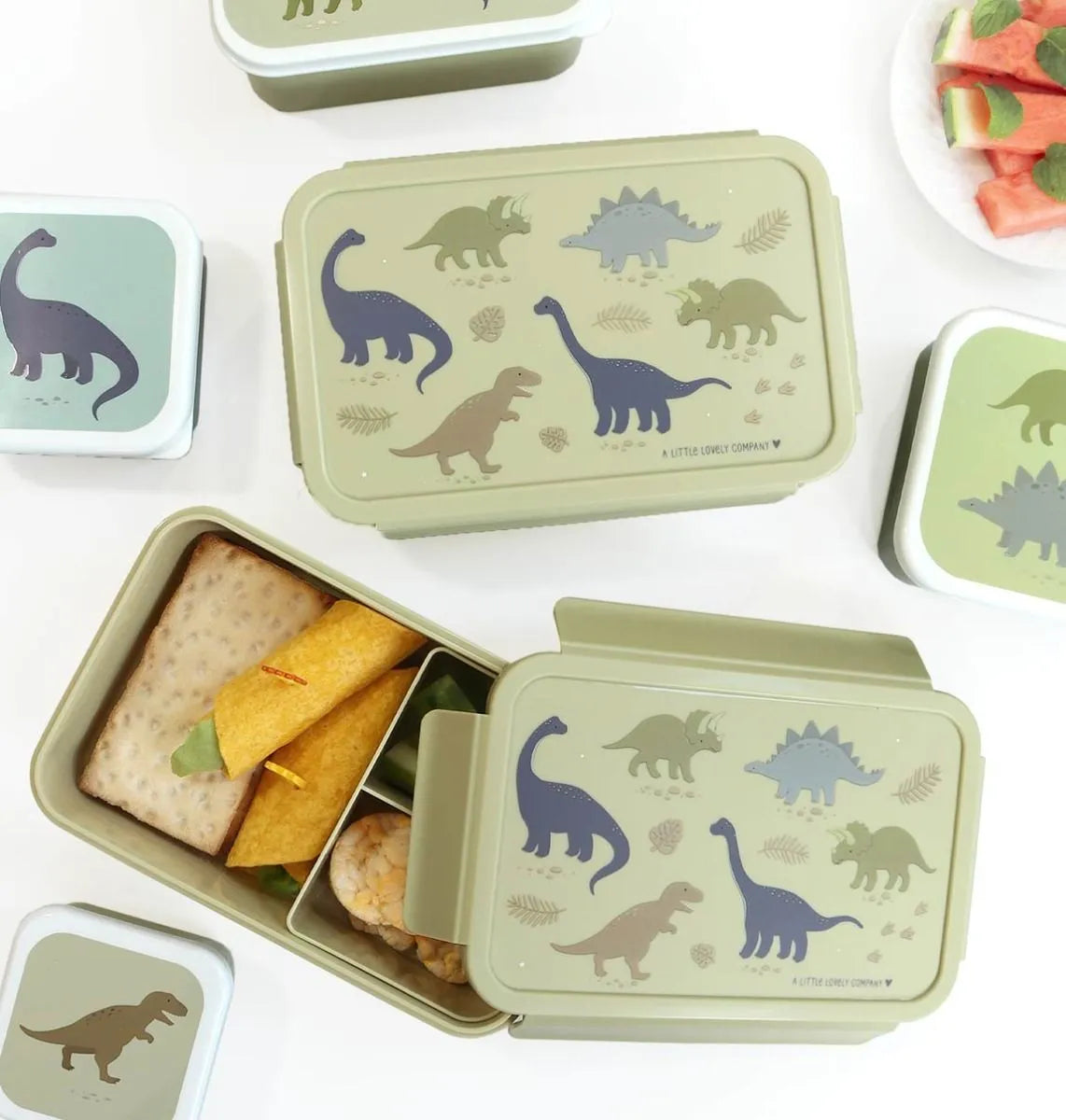 A Little Lovely Company bento lunchbox met Dinosaurussen-print in groen, vooraanzicht