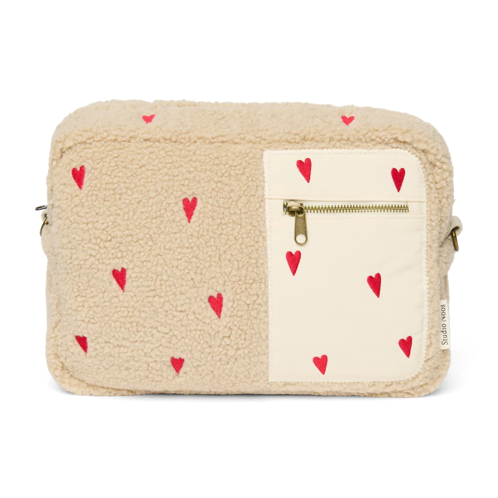 Studio Noos Teddy Buggy Organizer in Ecru Teddy Hearts met ritssluiting en flessenhouder