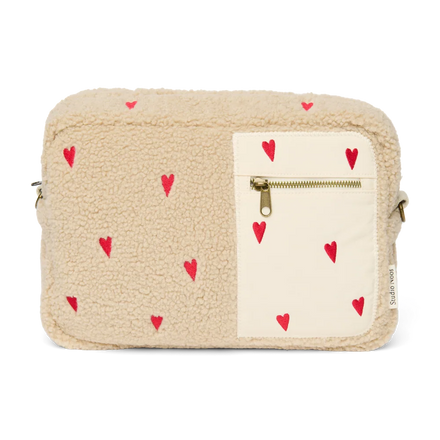 Studio Noos Teddy Buggy Organizer in Ecru Teddy Hearts met ritssluiting en flessenhouder