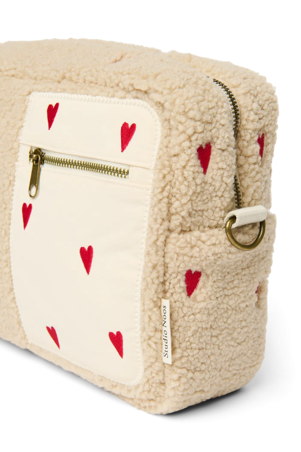 Studio Noos Teddy Buggy Organizer Ecru Teddy Hearts met D-ringen en kinderwagenriemen, 30 x 21 cm