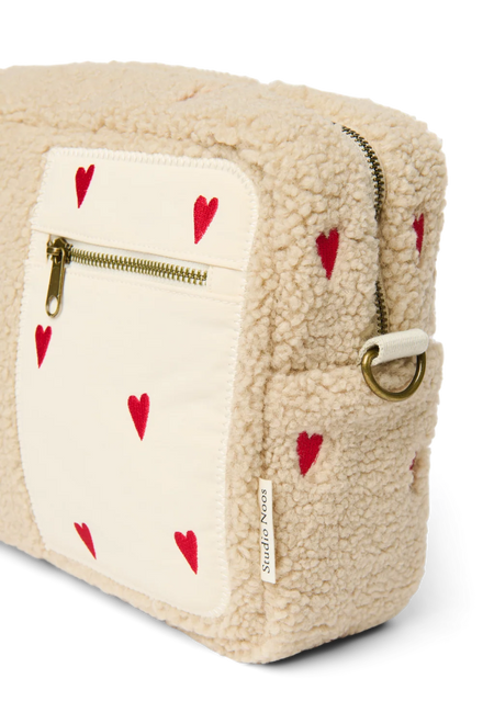 Studio Noos Teddy Buggy Organizer Ecru Teddy Hearts met D-ringen en kinderwagenriemen, 30 x 21 cm