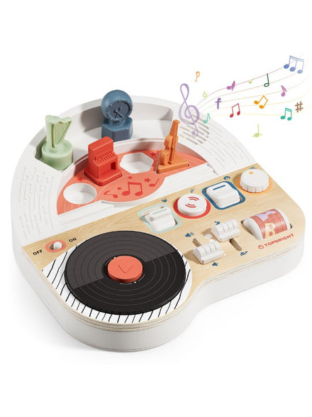 Topbright Music Busy Board DJ nodigt peuters uit om zelf te draaien, schuiven en muziek te maken.