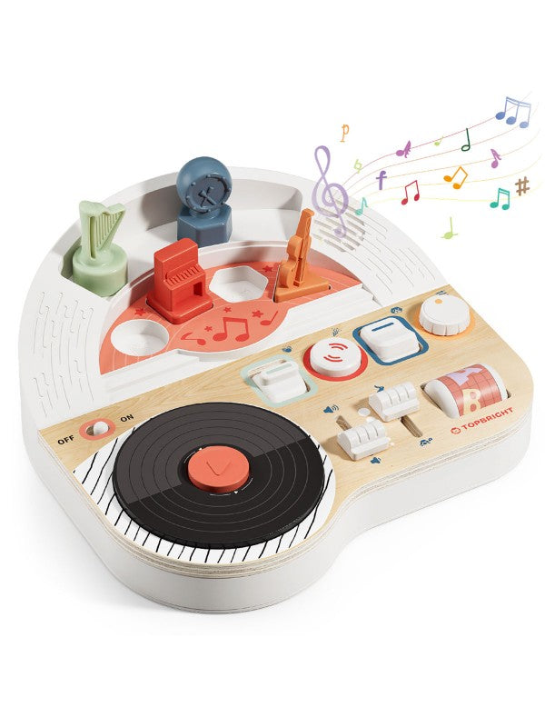Topbright Music Busy Board DJ nodigt peuters uit om zelf te draaien, schuiven en muziek te maken.