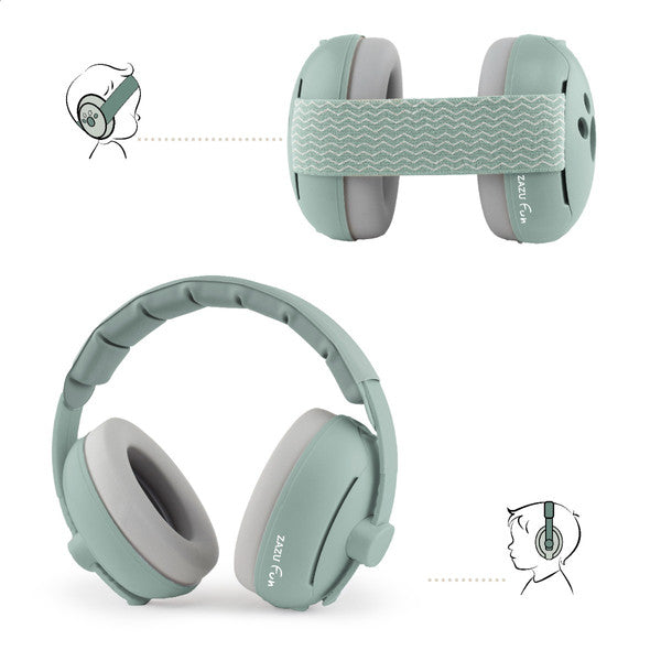 Zazu gehoorbescherming Baby en Junior 2 in 1 in Groen met geluidsreductie tot 25 dB, De Gele Flamingo.