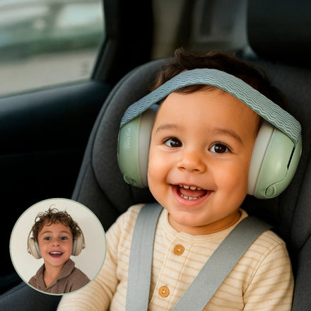 Zazu gehoorbescherming Baby en Junior 2 in 1 Groen met elastische en verstelbare band, De Gele Flamingo.