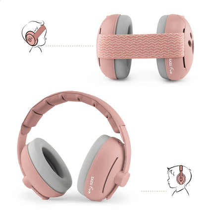 Zazu gehoorbescherming Baby en Junior 2 in 1 in Pink met geluidsreductie tot 25 dB, De Gele Flamingo.