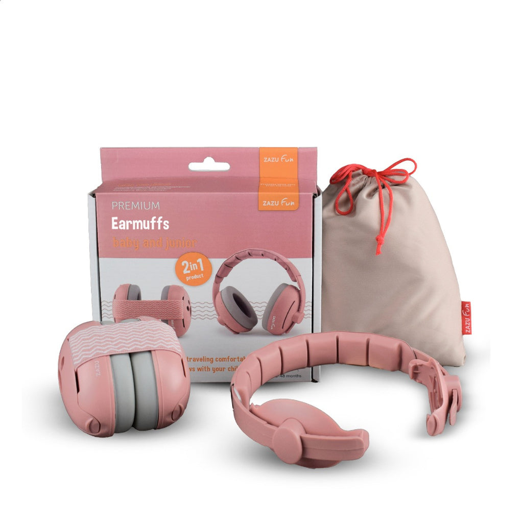 Zazu gehoorbescherming Baby en Junior 2 in 1 Pink groeit mee van 0 tot 4 jaar, bij De Gele Flamingo.