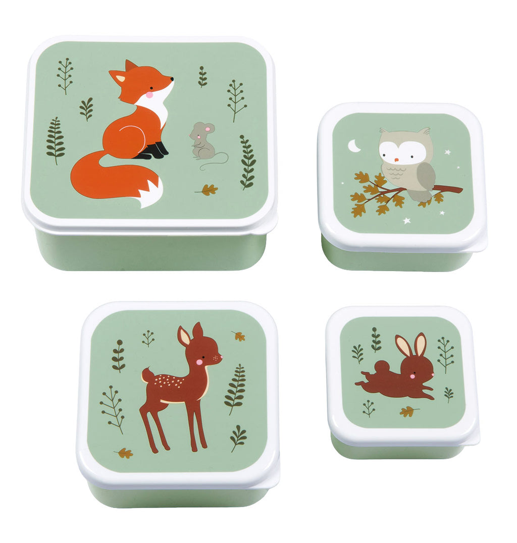 A Little Lovely Company Lunch & Snack Box Set met Bosvriendjes-print in saliegroen, complete set