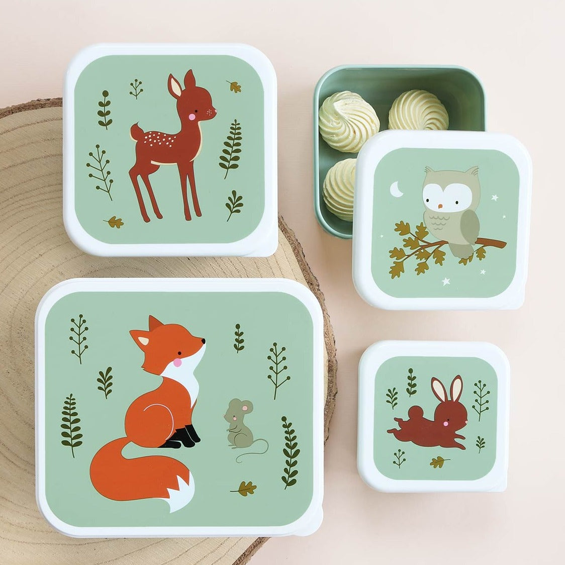 A Little Lovely Company Lunch & Snack Box Set met Bosvriendjes-print in saliegroen, complete set