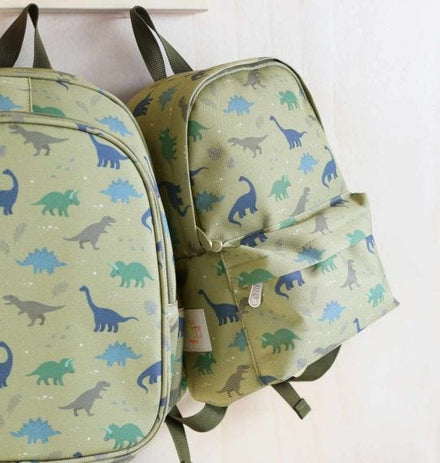 Bruin kinderrugzakje met Dinosaurussen-print van A Little Lovely Company, zijaanzicht