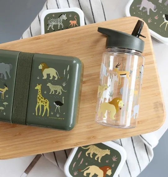 A Little Lovely Company drinkfles met Savanne-print in zwart, vooraanzicht